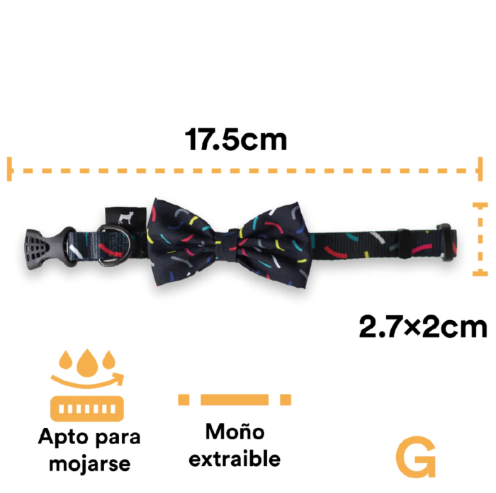 MN5 Collar Con Moño Para Perro Jack Pet Style Con Cintilla Reforzada, Costuras De Refuerzo En Forma De Zigzag Y Herraje De Acero Reforzado Con Punto De Soldadura. Color Negro.