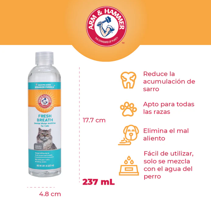 e5 Arm & Hammer Enjuague dental para gato, elimina el mal aliento, combate el sarro y placa, 237ml