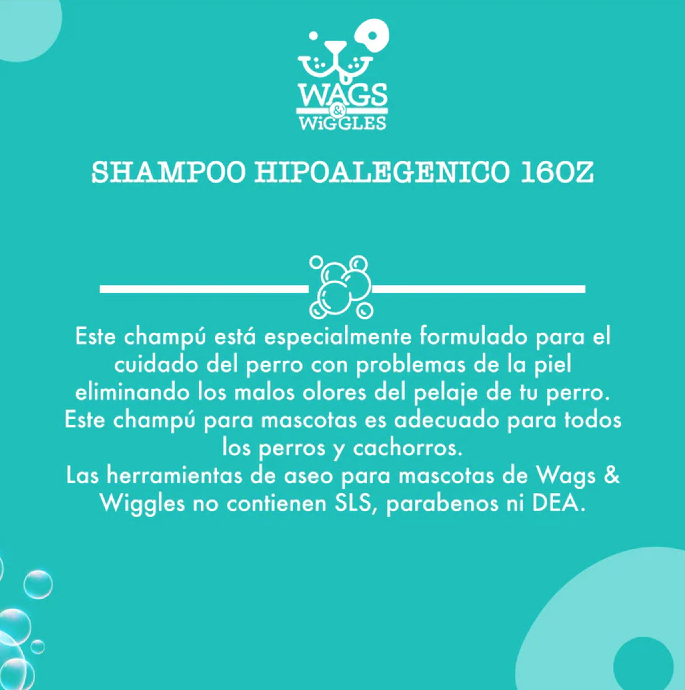 sh4 Shampoo Hipoalergénico Wags & Wiggles para perro, eliminando los malos olores. 473 mL