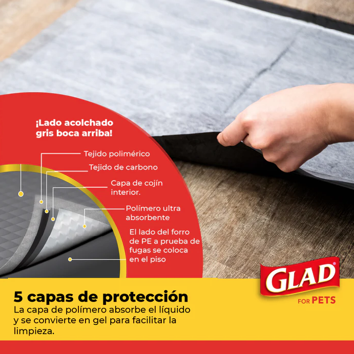 t7 Tapete Entrenador para Perro Glad 5 Capas a Prueba de Fuga, Elimina Olor, Convierte Orina a Gel 30pz